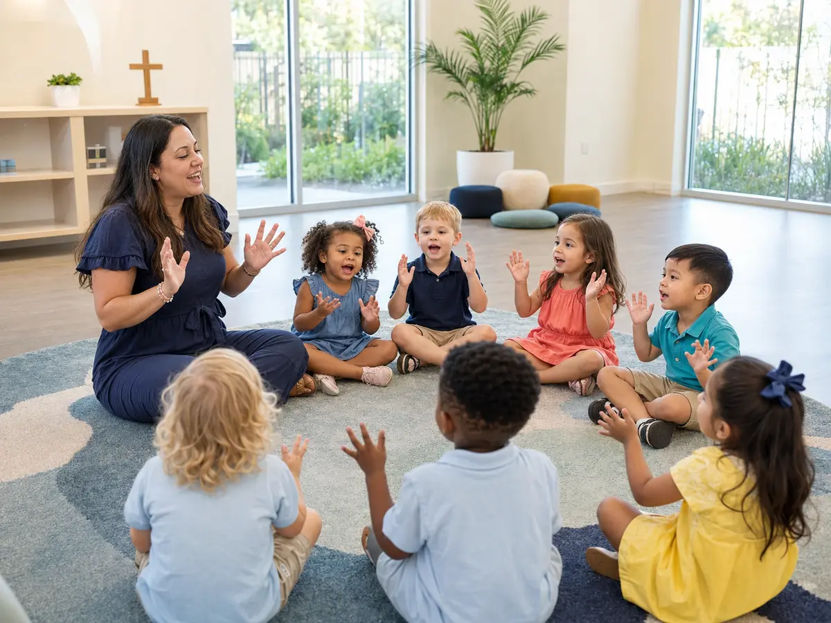 Preschool children participating in joyful chapel circle time