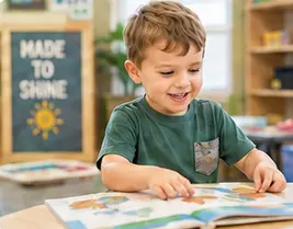 Preschool student enjoying a classroom book activity