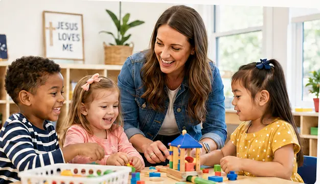 Preschool teacher learning through play with three children