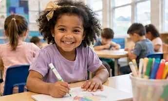 Preschool student drawing in a bright classroom