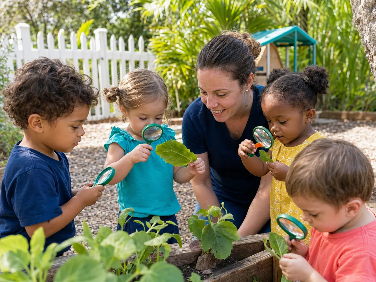 Three-year-olds exploring leaves in an outdoor preschool garden