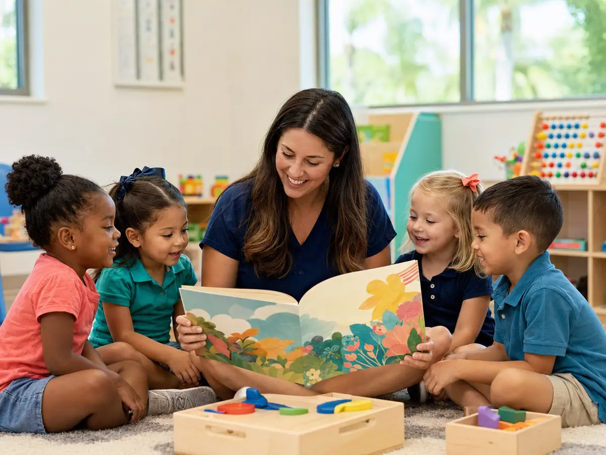 VPK students enjoying a story with their teacher